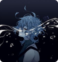 an anime character with blue hair in the water and bubbles around her head, looking to the side