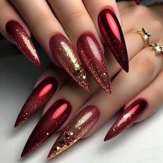 Explore over 20 gorgeous red and gold nail designs that will elevate your manicure game. From glitter to marble effects, there's a style for everyone! Red Gold Ombre Nails Glitter, Red Rose Gold Nails, Burgundy And Gold Glitter Nails, Red Gold Glitter Nails, Gold And Red Nail Designs, Classy Nails With Designs, Red Nail With Gold, Red And Glitter Nail Designs, Red And Gold Chrome Nails