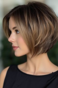 To give more body to fine hair, a short-stacked bob with a volume boost is the best. Blow-dry the hair with a round brush from the roots to give it volume. Click here to check out more the “Bubble Bob” Cut is trending – here are 25 amazing ideas for you. Bob Pendek, Κούρεμα Bob, Bob Cuts, Stacked Bob Haircut, Vevey, Short Brown Hair, Bob Hairstyles For Fine Hair