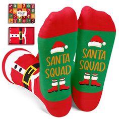 ELF CHRISTMAS SOCKS: These holiday socks feature a playful design with Santa's belt patterns and white fluff ball patterns, complemented by neat red stripes. The bottom of the ELF socks has a hilarious hidden message that reads "ELF SQUAD". SIZE & PACKING: Fits for 4-6 years old little kids. Each Christmas gift box contains one pair of funny festive socks. QUALITY MATERIAL: Crafted from 80% cotton, 15% polyamide, and 5% elastane, these socks offer a soft, stretchy, and breathable fit, ensuring c Christmas Vacation Gifts, Belt Patterns, Elf Socks, Belt Pattern, Santa Belts, Monkey Gifts, Xmas Elf, Santa Socks, Holiday Socks