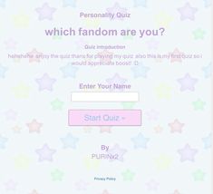 a screenshot of the website which says, which fandom are you? with stars all over it