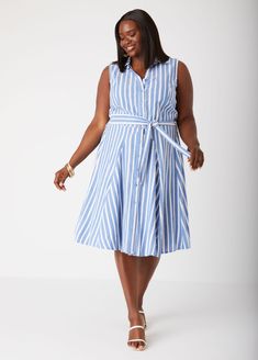 Serve a weekend in the Hamptons realness in our striped cotton-blend shirtdress designed with a lightweight feel & nautical aesthetic. Striped Cotton Beach Shirt Dress, Striped Cotton Shirt Dress For Beach, Striped Shirt Dress For Summer, Striped Collared Vacation Dress, Striped Collared Dresses For Vacation, Striped Shirt Dress For Summer Day Out, Casual Summer Dress With Striped Collar, Collared Striped Beach Dress, Striped Collared Beach Dress