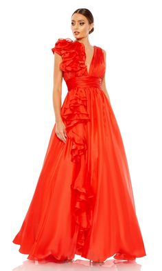 Long a-line formal ball gown with asymmetric ruffle detail, empire waist, open back and low v-neckline. Sleeveless Ball Gown, Designer Formal Dresses, Formal Ball Gown, Bride Groom Dress, Chiffon Gown, Mac Duggal, Tea Length Dresses, Date Night Dresses, A Line Gown