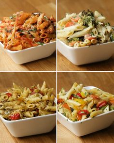 four photos of different types of pasta in white dishes on a wooden table with text that reads easy one - tray pasta meal prep