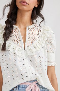 Chiffon Blouses Designs, Eyelet Blouse, Clothing Details, Flutter Sleeve Top, Anthropologie Top, Dress Gift, Long Sleeve Knit, Fashion Tops, Boho Bohemian