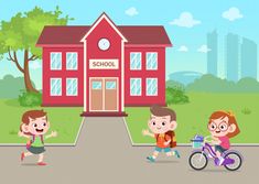 three children are playing in front of a school building with a bike and scooter