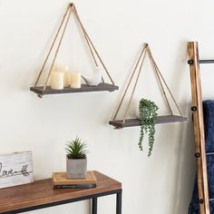 two hanging shelves with candles and a potted plant next to them on a table