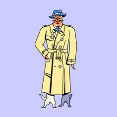 a drawing of a man in a trench coat and hat with a cat standing next to him