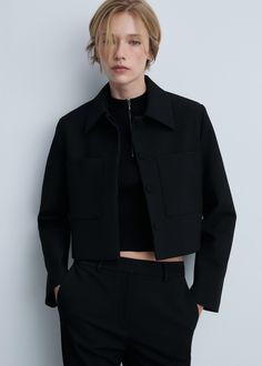 Cropped jacket with pockets - Woman | MANGO USA Soft Short Jacket, Short Black Jacket Women, The Ganna Cropped Shirt Jacket, Short Sleeve Jacket Winter, Short Womens Jacket, Fashion Week Street Style Outfits, Khaki Trench, Khaki Trench Coat, Straykids Hyunjin Photoshoot