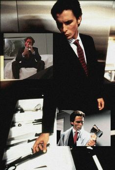 a man in a suit and tie holding a knife next to pictures of other men