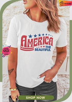 White America The Beautiful Star Print Graphic T Shirt Casual Independence Day T-shirt With Star Print, Casual Independence Day Tops With Star Print, Casual Star Print Tops For Independence Day, Casual Tops With Star Print For Independence Day, T Shirt Size Chart, Dragon Sleeve, America The Beautiful, Black Hoodie Men, American Casual