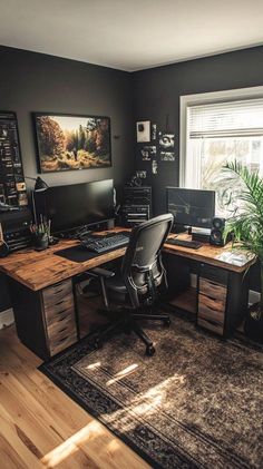 Gray Interior Design, Gray Decor, Mens Bedroom Decor, Stylish Tips, Home Studio Setup, Bedroom Setup, Room Redesign, Home Office Ideas, Computer Room