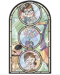 a stained glass window with two people and a dog on it's back side