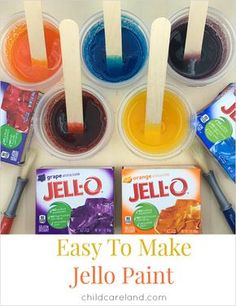 jello paint and ice cream popsicles with text overlay that says, easy to make jello paint