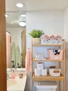 the bathroom is clean and ready to be used as a storage area for toiletries