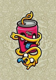 an image of a can of soda with eyes and mouth on the side, as if it