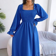 Shipping 4-6 Days Features: Smocked Sheer: Opaque Stretch: No Stretch Body: Not Lined Material Composition: 95% Polyester, 5% Elastane Care Instructions: Machine Wash Cold. Tumble Dry Low. Imported Product Measurements: S:Length 50.39 In, Bust 28.35 In, Sleeve Length 24.41 In M:Length 50.79 In, Bust 29.92 In, Sleeve Length 24.80 In L:Length 51.18 In, Bust 31.50 In, Sleeve Length 25.20 In Xl:Length 51.57 In, Bust 33.07 In, Sleeve Length 25.59 In Tags: Smocked Dress, Square Neck Dress, Flounce Sle Blue Long Sleeve Smocked Summer Dress, Blue Long Sleeve Smocked Dress For Summer, Blue Smocked Square Neck Dress, Fitted Blue Smocked Dress With Ruffle Hem, Blue Fitted Smocked Dress With Ruffle Hem, Blue Smocked Dress With Square Neck, Blue Long Sleeve Smocked Dress With Ruffles, Solid Smocked Long Sleeve Dress, Fitted Blue Smocked Dress With Long Sleeves