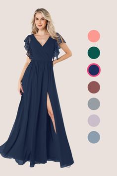 a woman in a long blue dress with the color options shown below her is an image of