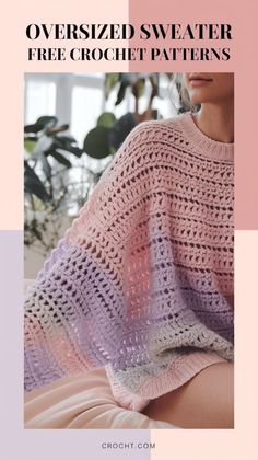 a woman sitting on top of a bed covered in a pink and purple crochet blanket