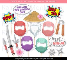 an assortment of photo props including hats, scissors and masks for children's birthday party