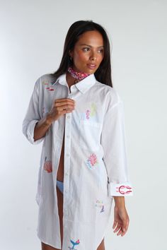 Nautical Shirt Dress – RomiBasha Designs Nautical Shirt, Embroidered Designs, Button Down Shirt Dress, Aqua Green, Embroidered Design, Dress First, Beach Day, Summer Collection, Pink White