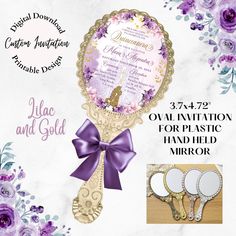 purple and gold wedding party favors with flowers on the front, two mirrors in the back