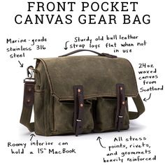 Saddleback Leather Front Pocket Canvas Gear Bag Woodsman Aesthetic, Mens Messenger Bag, Leather Bags For Men, Vintage Canvas Bags, Messenger Bags For School, Saddleback Leather, Diy Messenger Bag, Leather Messenger Bags, Mens Bag