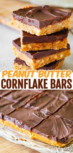 peanut butter cornflake bars stacked on top of each other with chocolate frosting