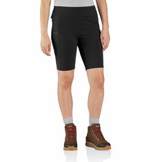 Built for warm days and hard work, these women's Carhartt shorts offer a mix of fast-drying comfort and plenty of stretch. They're made from durable knit fabric with a high-waist cut that keeps you covered as you reach and lift. Stash your tools and small essentials into the abrasion-resistant utility pockets.Features8.8-ounce, 95% nylon / 5% spandex ponteCarhartt Force® technology is engineered to fight sweat and dry fast, so you stay cool and comfortable 24/7Built to move with Rugged Flex® str Carhartt Bag, Boys Denim Shorts, Carhartt Shorts, Hard Working Man, Carhartt Womens, Carhartt Women, Work Shorts, Boys Denim, Utility Pockets