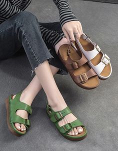 Genuine Leather Buckles Straps Slingback Sandals — Obiono Casual Flat Slingback Sandals With Strap, Trendy Green Slingback Sandals With Round Toe, Casual Green Slingback Sandals With Ankle Strap, Casual Green Ankle Strap Slingback Sandals, Trendy Green Open Toe Slingback Sandals, Green Double Strap Sandals For Summer, Trendy Open Toe Slingback Sandals With Buckle Closure, Trendy Open Toe Slingback Sandals With Strap, Casual Open Toe Wedge Sandals With Strap