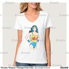 Wonder Woman | Vintage Pose with Lasso T-Shirt Fitted V-neck Graphic Tee, Fitted V-neck Graphic Tee T-shirt, Wonder Woman Lasso, Wonder Woman Shirt Vinyl, Wonder Woman Tshirt, White Cotton Superhero T-shirt, Superhero White Cotton T-shirt, Vintage Ladies, Wonder Woman