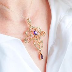 Antique Edwardian Amethyst and Seed Pearl 15K Gold Pendant Necklace Art Nouveau For Sale at 1stDibs Nouveau Flowers, Art Nouveau Flowers, Art Nouveau Pendant, Edwardian Art, Necklace Art, Brooch Necklace, Gold Work, Seed Pearl, Gold Pendant Necklace