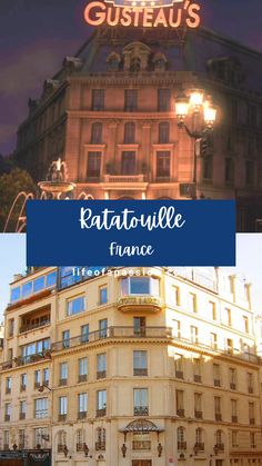 the hotel ratatouille in france is lit up at night