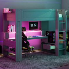 there is a bunk bed with a desk underneath it