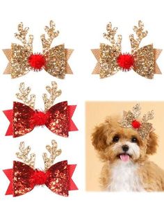 four different bows with red and gold sequins, one has a dog's head