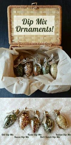 a basket filled with christmas ornaments next to a sign that says dip mix ornaments