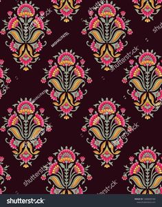 an abstract floral design in red, yellow and green colors on a dark purple background