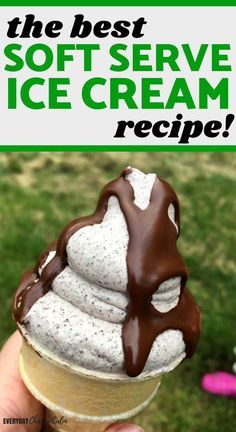 the best soft serve ice cream recipe is in someone's hand and it has chocolate drizzle on top