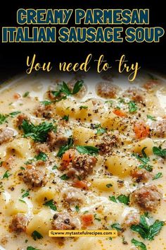 Slow Cooker Sausage Soup Recipes, Ground Sausage Recipes Soup, Delicious Crockpot Soups, Soup With Roast Meat, Recipes For Ground Sausage Dinners, Sausage Soup Olive Garden, Creamy Italian Parmesan Soup, Creamy Italian Sausage Parmesan Soup, Healthy Ground Italian Sausage Recipes