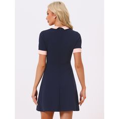 This cute dress is elegant and versatile and is easy to go on many occasions. The color block, a contrast collar, an A-line dress, and a pearl button make the dress more attractive. Team it with black heels and a mini bag to complete the look. Occasion: Office, Party, Cocktail, Club, Shopping, Coffee Shop, Weekend Gathering, Dating, Daily Wear or Formal Wear, etc. Preppy Fitted Dresses For Work, Preppy Mini Dress For Work, Workwear Dress With Peter Pan Collar And Buttons, Contrast Collar Shirt, Dress Dark Blue, Maxi Bodycon Dress, Cocktail Club, Collared Shirt Dress, Ballet Dress