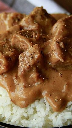 meat and gravy on top of rice in a bowl