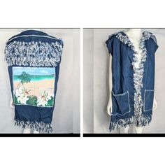 Handmade And Painted Denim Vest With Pockets And Fringe Size Xl - Measurements Below Tropical Scene Painted On Back- 1992 Signed Large Collar In Back, Fringed Large Pockets Never Worn From A Non Smoking Environment Chest: 24.5" Arm Pit To Arm Pit Abdomen: 49" Hem: 51" Length With Fringe: 36" Hand Washing Suggested Denim Outerwear For Summer Day Out, Medium Wash Denim Jacket For Summer Day Out, Denim Blue Summer Outerwear For Day Out, Summer Denim Blue Outerwear For Day Out, Blue Denim Vest With Pockets For Summer, Summer Blue Denim Vest With Pockets, Summer Bohemian Outerwear With Frayed Hem, Summer Cotton Denim Jacket With Frayed Hem, Summer Denim Jacket With Frayed Hem For Day Out