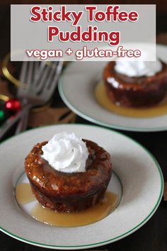 sticky toffe pudding on two white plates with whipped cream in the middle and green trim around the edges