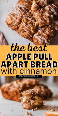 the best apple pull apart bread with cinnamon glaze on top and an image of apples