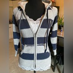 Authentic Vintage Abercrombie And Fitch Striped Grey And Dark Navy Blue Rabbit Hair Hooded Double Full Zip Up Sweater With Pockets! Blue Velvet Like Drawstrings. Size Tagged Large, But Will Fit Xs-M Best Depending On Desired Fit. (Listing As Size Medium To Reach Proper Sizing) Great Used Condition. No Stains Or Holes, Minor Fuzzys But Easily Comes Off. This Has Always Been One Of My Favorite Sweaters Hence The Price. Hard To Find Especially In This Condition! Tank Not Included. Thrift Manifest, Vintage Abercrombie And Fitch, Blue Rabbit, Sweater With Hood, Sweater With Pockets, Vintage Abercrombie, Daily Fashion Inspiration, Favorite Sweater, Abercrombie And Fitch