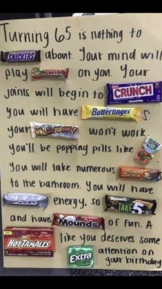 a bulletin board with candy bars on it