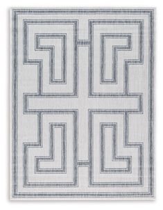 a white and blue rug with an interlocked design on the front, in two rows