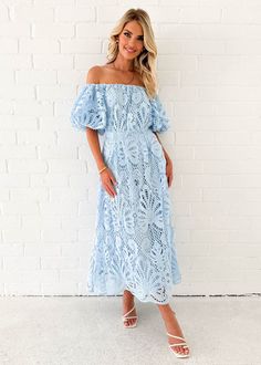 Olanah Off Shoulder Midi Dress - Blue Blue Lace Dress With Lace Bodice For Spring, Bridesmaid Lace Dress With Scalloped Lace, Bridesmaid Dresses With Scalloped Lace, Spring Bridesmaid Maxi Lace Dress, Spring Off-shoulder Dress With Lace Sleeves, Bridesmaid Lace Midi Dress With Lace Trim, Bridesmaid Dress With Delicate Lace, Blue Lace Patchwork Dress, Lace Dress With Lace Work For Garden Party