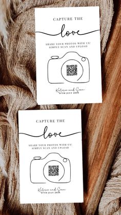 two cards with the words capture the love written in black ink on them, sitting next to each other