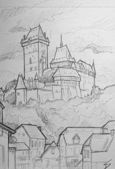 a drawing of a castle on top of a hill